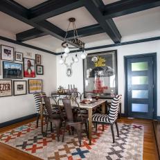Dining Room With Coffered Ceiling and Gallery Wall