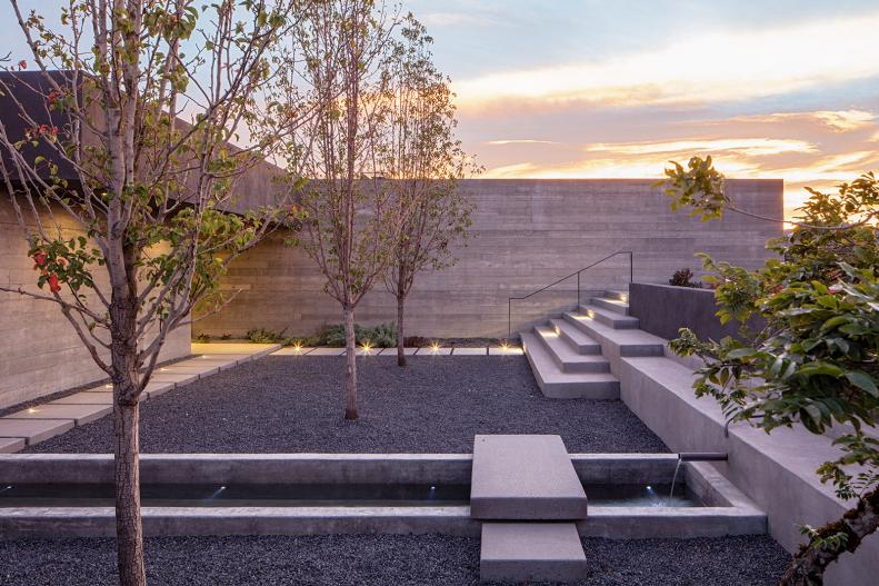 Entrance to Modern Concrete Sundial House at Sunset