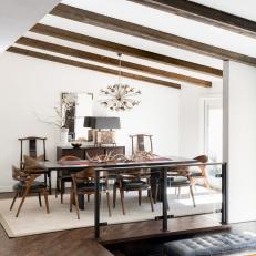 Mid-Century Dining Room with Wood Beams