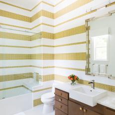 Yellow and White Bathroom With Stripes
