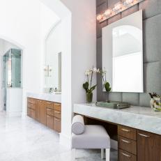 Gray Master Bathroom With Dressing Table