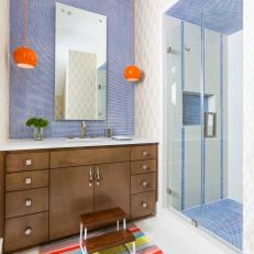 Multicolored Contemporary Kids Bathroom With Orange Pendants