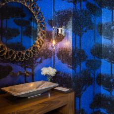 Blue Powder Room With Tree Wallpaper