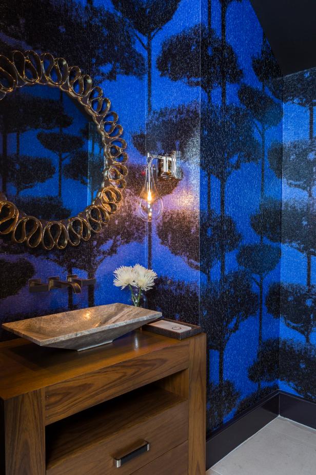 Blue Powder Room With Tree Wallpaper | HGTV