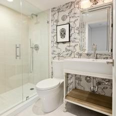 Black and White Small Bathroom With Floral Wallpaper