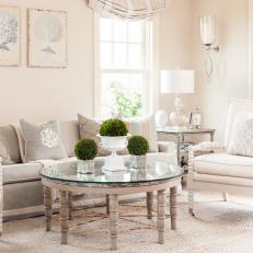 Guest Cottage Neutral Living Room With Tabletop Topiaries