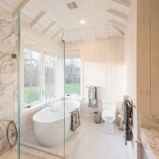 Cottage Master Bathroom With Vaulted Ceiling