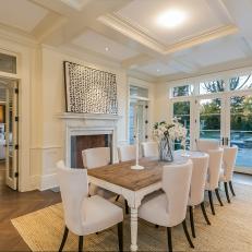 Dining Room With Trey Ceiling and Marble Fireplace Mantel