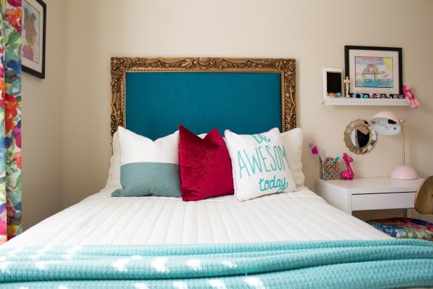 Bedroom With Framed, Upholstered Blue Headboard | HGTV