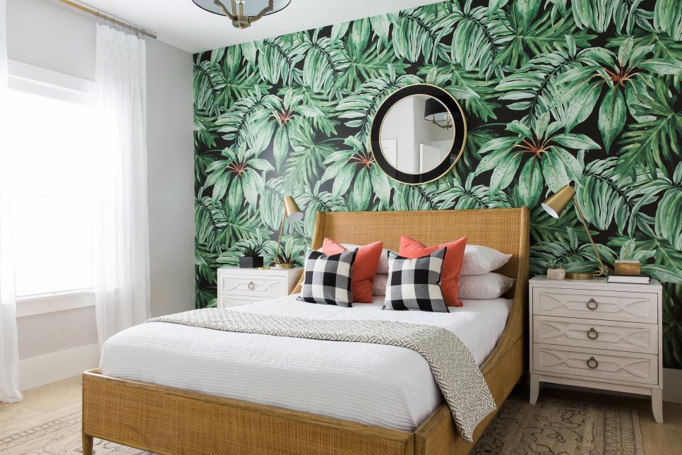 Bedroom with Leaf Print Accent Wall