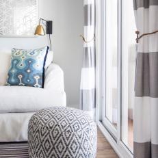 Beach Paradise Living Room Ikat Pouf and Striped Draperies