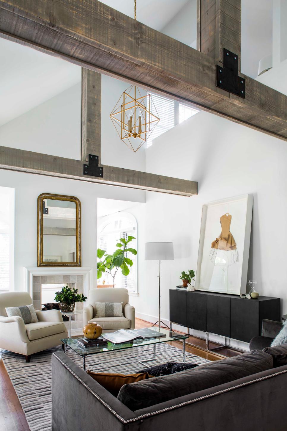 White Living Room With Exposed Beams and Gray Furnishings | HGTV