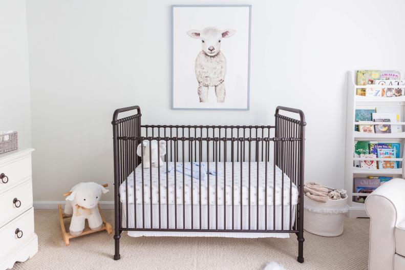 Neutral Nursery With Lamb Picture and Black Iron Vintage-Look Crib