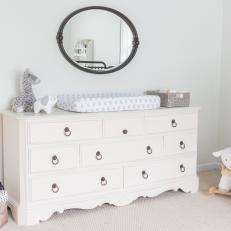 Neutral Nursery With White Vintage Dresser Changing Table
