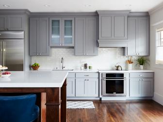 Gray Kitchen with Blue Velvet Barstools