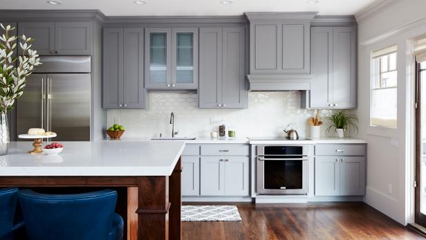 Gray Kitchen with Blue Velvet Barstools