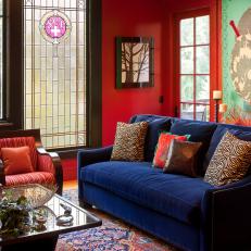 Red Living Room With Traditional Furniture & Modern Painting