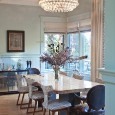 Pale-Blue Dining Room With Rustic Table & Zebra-Print Chairs
