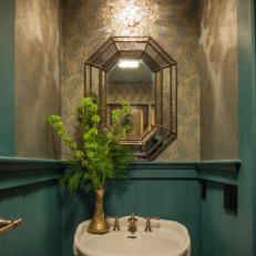 Teal-and-Gold Powder Room With Octagonal Mirror