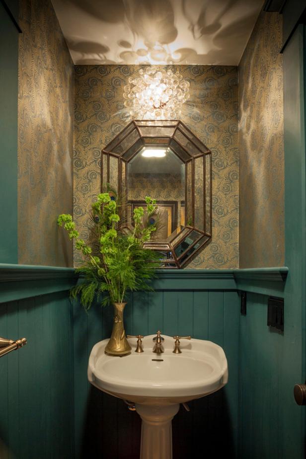 Teal-and-Gold Powder Room With Octagonal Mirror | HGTV