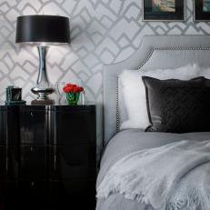 Transitional Bedroom Shines With Bold, Abstract Wallpaper