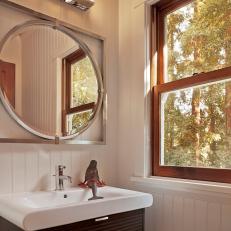 Small White Beadboard Cottage Bathroom With Floating Vanity