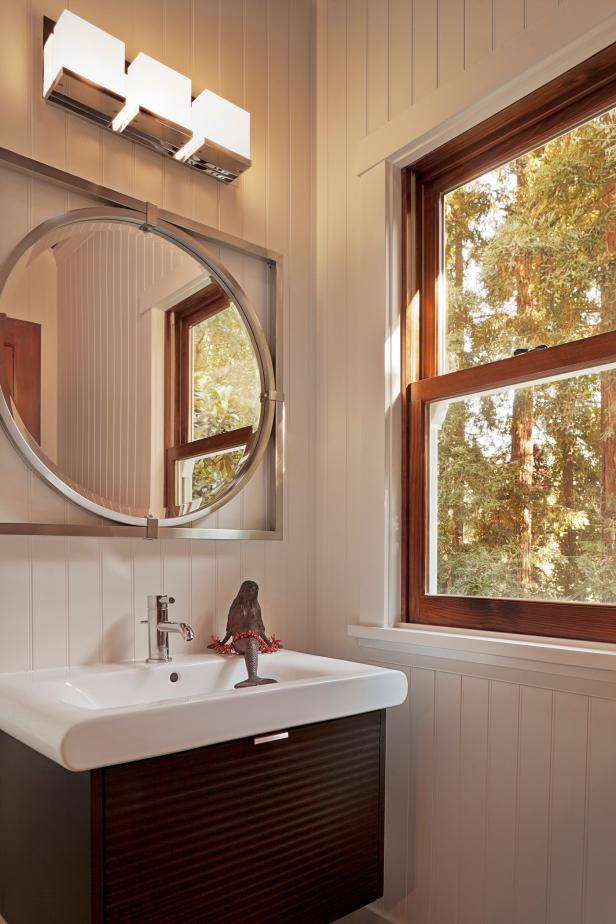 Small White Beadboard Cottage Bathroom With Floating ...