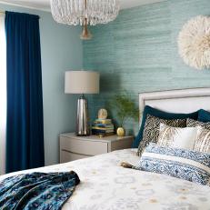 Blue Contemporary Bedroom With Chandelier