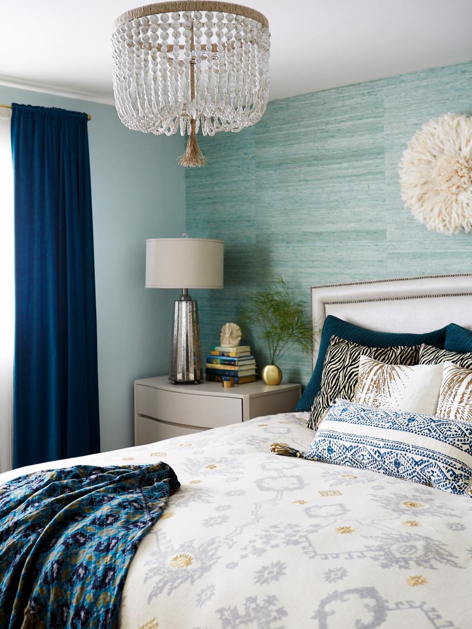 Blue Contemporary Bedroom With Chandelier | HGTV