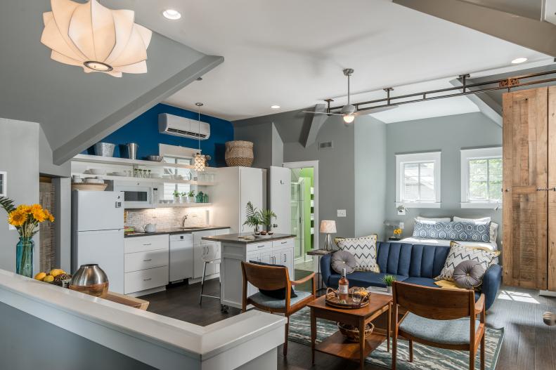 Apartment Living Area and White Kitchen