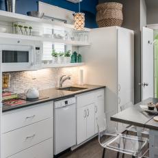 Blue and White Kitchen With Open Shelving