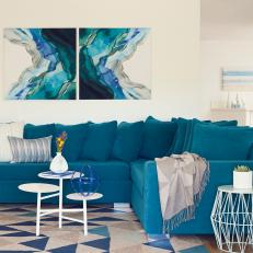 Blue Contemporary Living Room With Triangle Rug