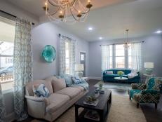 Contemporary Blue Living Room with a Neutral Sofa 