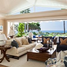 Neutral Transitional Living Room With Ocean View