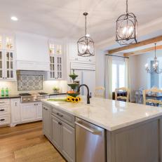 Gray and White Cottage Chef Kitchen With Pendants