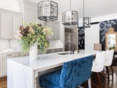Midcentury Modern Kitchen Featuring Octagon Pendant Lights and Blue Velvet Accent Bar Chair