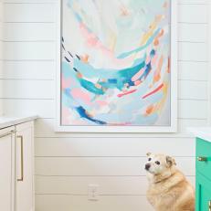Abstract Watercolor On White Shiplap Kitchen Wall With Dog