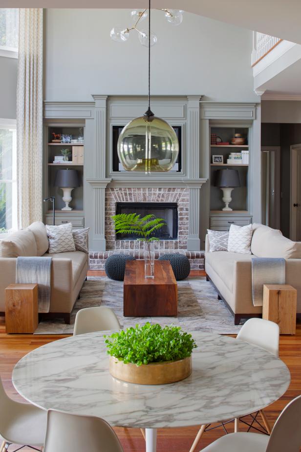 Transitional Living Room With Custom Coffee Table, Matching Sofas and