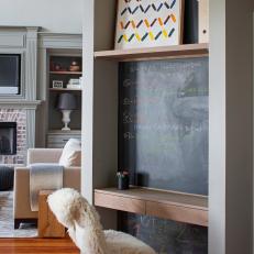 Chalkboard Wall at Built In Contemporary Workspace With Neutral Fur Chair 