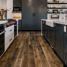 Gray and White Country Kitchen With Wood Floor