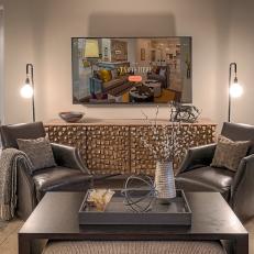 Contemporary Media Room Infused With Warm Metallics