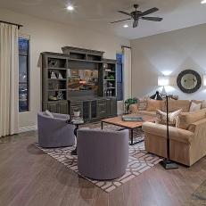 Neutral Living Room With Purple Chairs