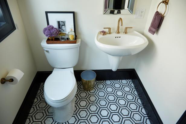 Contemporary White Bathroom with Black and White Tile Floor | HGTV