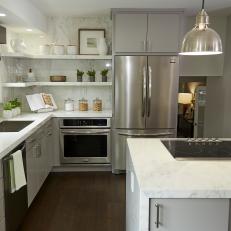 Modern White Kitchen with Hardwood Brown Floors 