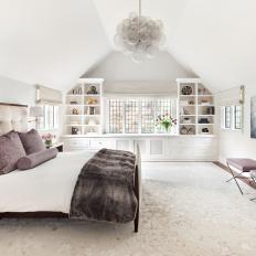White Contemporary Master Bedroom With Purple Bench
