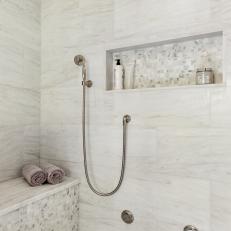White Marble Walk-In Shower With Wavy Tiles