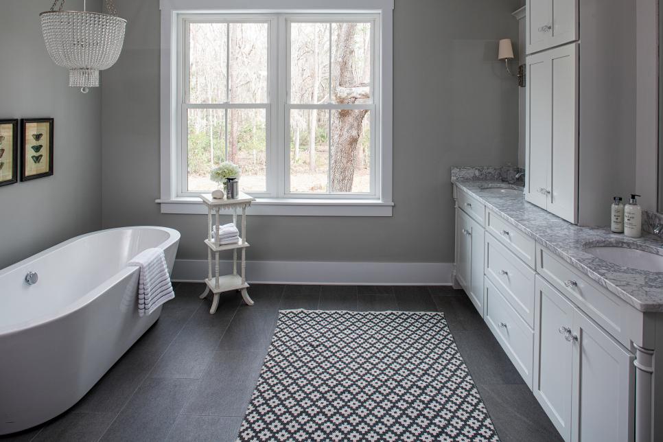 White Tub Gray Tile Floor, Bathroom With Grey Tile Floor
