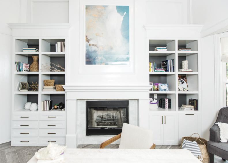 Transitional White Home Office With Fireplace