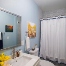 Contemporary Blue Bathroom with White Double Vanity 