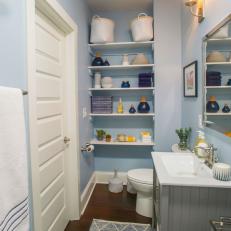Contemporary Blue Bathroom with White Floating Shelves
